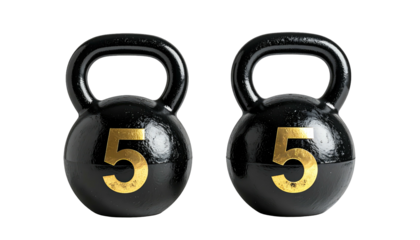 Two black kettlebells with gold number five on a black background