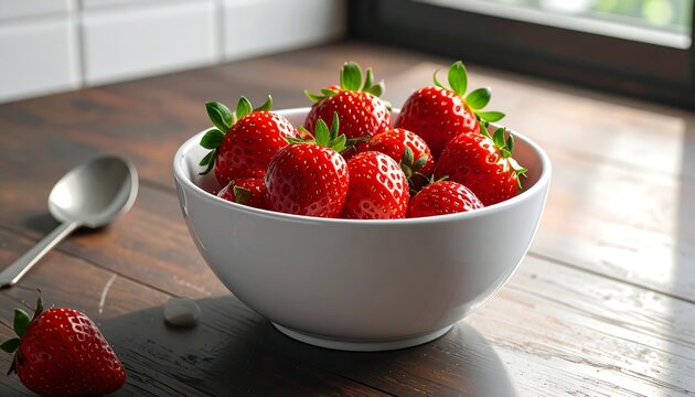 Ripe red strawberries in a white bowl on a wooden table, a spoon and sugar cubes alongside, bright and appealing