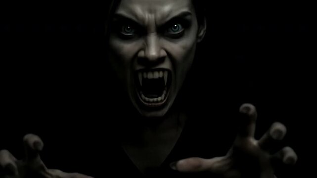 Vampire Woman with Blue Glow Emerging from Darkness and Attacking Close-Up