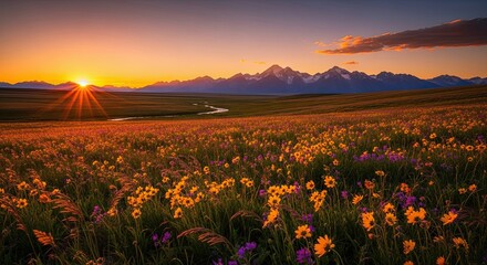 Vibrant Sunset Over Mountain Range and Wildflower Meadow.