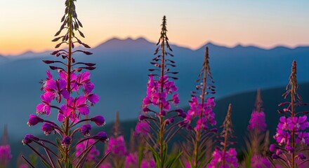 Vibrant Pink Fireweed Flowers Bloom in the Soft Light of a Mountain Sunset.