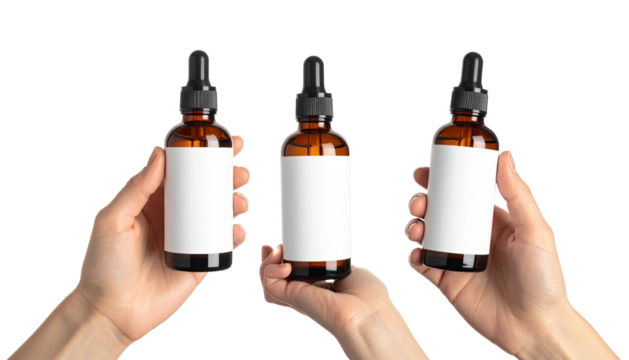 Three brown dropper bottles with blank labels in hands