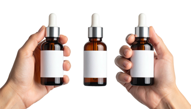 Hands holding three dropper bottles, amber glass, white labels