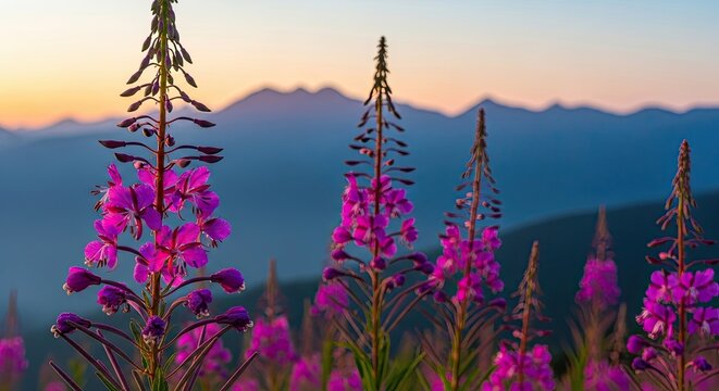 Vibrant Pink Fireweed Flowers Bloom in the Soft Light of a Mountain Sunset. - Powered by Adobe