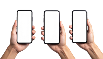Three hands holding up cellphones with blank white screens