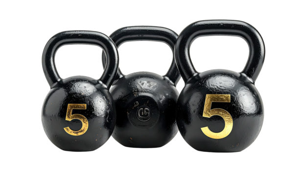 Three black kettlebells with golden "5" numbers centered