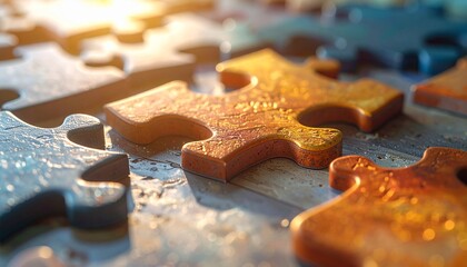Puzzle pieces scattered on a reflective surface, representing problemsolving and strategy with a warm, inviting glow, suggesting connection and completion.