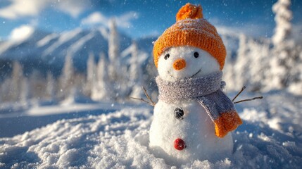 Obraz premium Joyful snowman wearing knitted winter accessories sits in fresh snow against a bright mountain landscape
