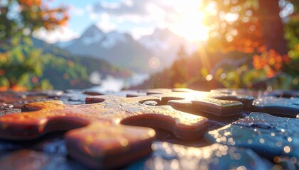 Puzzle pieces connect on table overlooking scenic mountain landscape during sunny afternoon, symbolizing problem solving and strategic thinking.