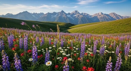 Vibrant Wildflower Meadow with Majestic Mountain Range Under a Clear Sky.