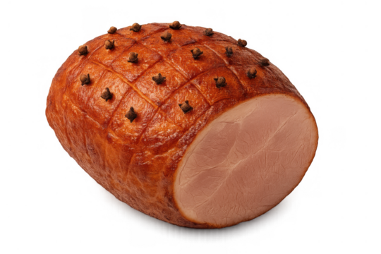 Glazed ham preparing for holiday dinner, baked pork with cloves for festive meal, delicious food on transparent background