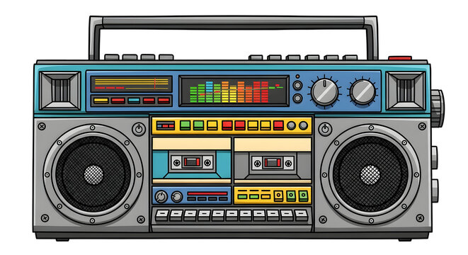 Retro boombox with cassette player and equalizer isolated on white background