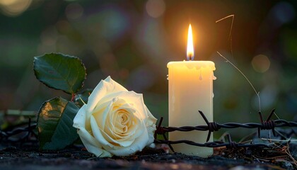 Candle illuminates white rose lying on barbed wire in somber memorial scene, symbolizing remembrance and loss with a soft, respectful glow.