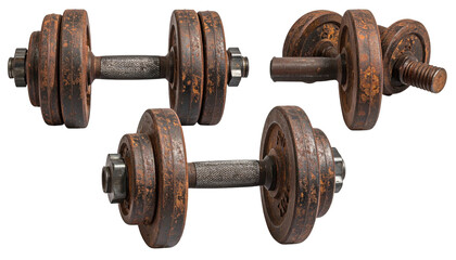 Three rusty dumbbells scattered on a solid black background