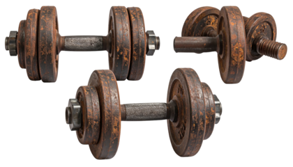 Three rusty dumbbells scattered on a solid black background