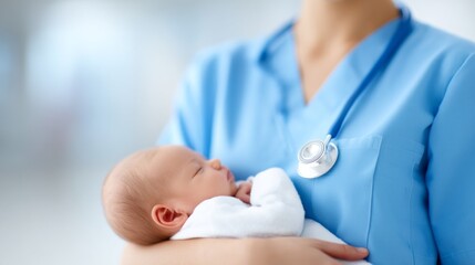 A compassionate healthcare worker gently holds a newborn baby in a cozy hospital setting. The nurse shows love and dedication in this joyful moment as they embrace new life
