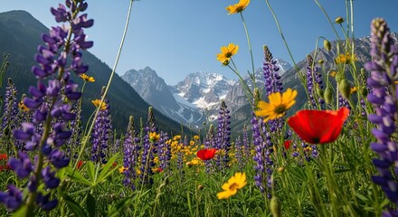 Vibrant Wildflowers Bloom in a Mountainous Landscape Under a Clear Blue Sky.