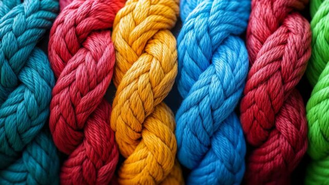 Close-up of colorful braided ropes in vibrant shades of red, yellow, blue and green, symbolizing strength, connection, teamwork, diversity, creativity and unity through intertwined textile pattern
