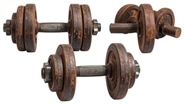 Three rusty dumbbells scattered on a solid black background