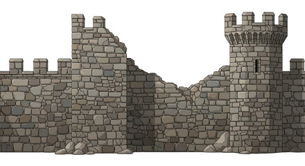 Ancient Stone Fortress Wall Illustration Depicting a Weathered Medieval Castle with a Towering Bastion and Damaged Ramparts © Avra