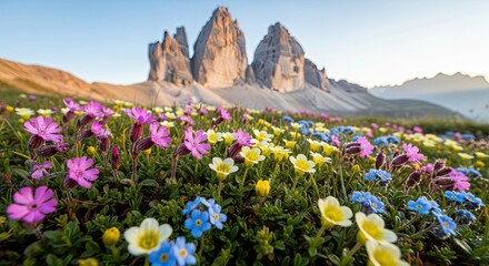 Alpine Meadow Wildflowers with Tre Cime di Lavaredo Peaks in Dolomites.