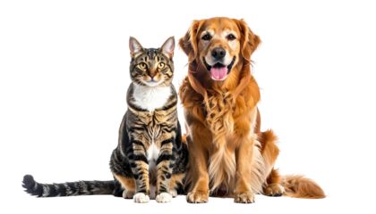 Cat & dog portrait tabby cat and golden retriever, sitting