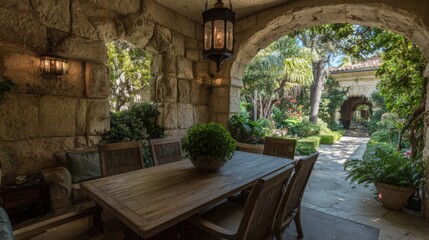 Fototapeta premium Outdoor dining area features rustic stone arches opening onto a lush, verdant courtyard.