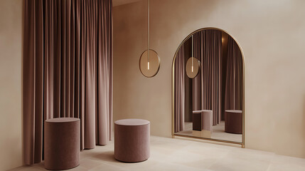 Elegant room featuring plush curtains, stylish seating, a minimalist pendant light, and a full-length arched mirror. The neutral color palette creates a serene ambiance.