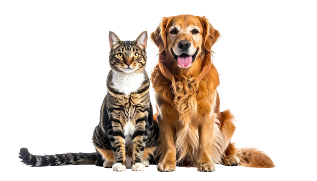 Cat & dog portrait tabby cat and golden retriever, sitting