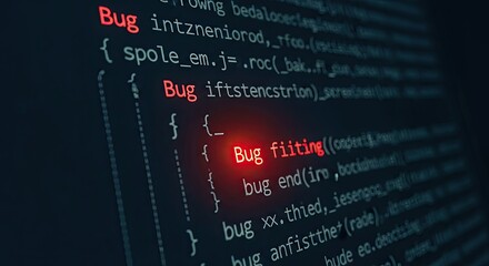 Close-up of computer screen displaying programming code with highlighted Bug errors in red, indicating a software development issue.