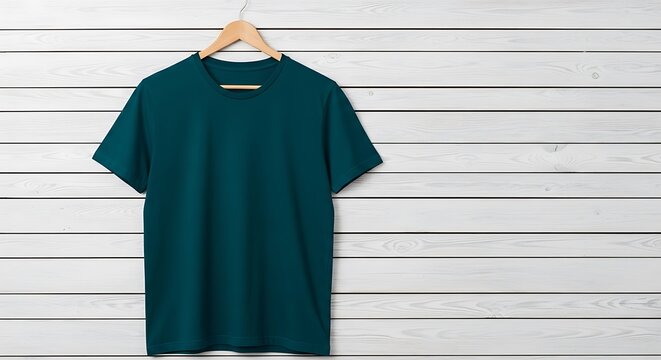 A teal tshirt hanging on a wooden hanger against a white wooden plank background