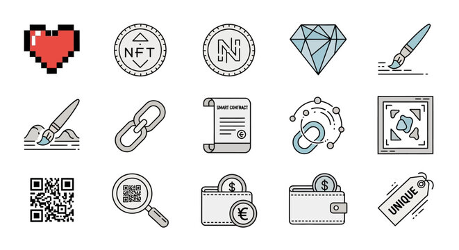 Collection of digital art, NFT, and cryptocurrency line icons with minimal color accents.