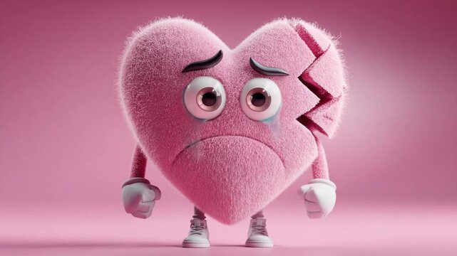 A plush, pink, cartoon heart, broken and scared, with arms, legs, and a gaping mouth