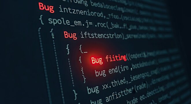 Close-up of computer screen displaying programming code with highlighted Bug errors in red, indicating a software development issue.