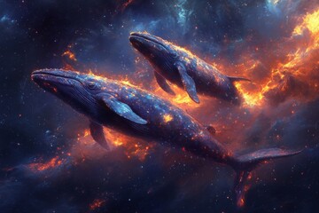 Naklejka premium Two Cosmic Whales In Fiery Space