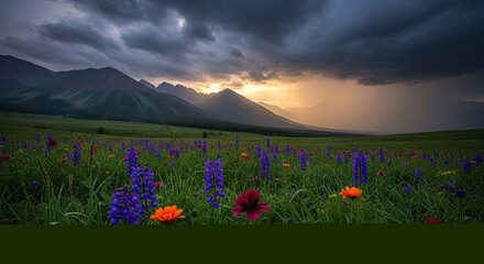 Dramatic Sunset Over Mountain Meadow with Wildflowers and Stormy Sky.