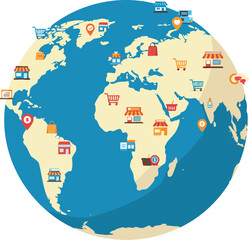 A 2D flat illustration of a globe with various online shop icons on it.