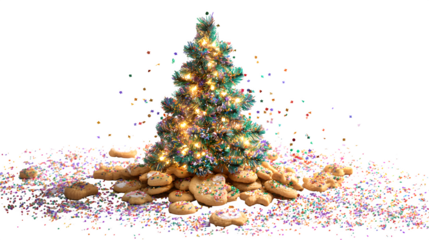 Christmas tree with cookies and sprinkles, isolated on transparent background