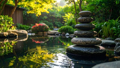 Stacked stones balance peacefully beside a tranquil pond in a lush green garden, reflecting sunlight and creating a serene and meditative atmosphere.