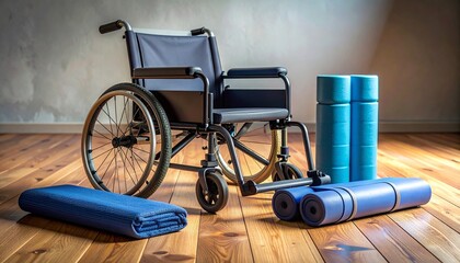 Wheelchair sits beside yoga mats on wooden floor in rehabilitation center, symbolizing recovery, accessibility, and determination with hope and resilience.