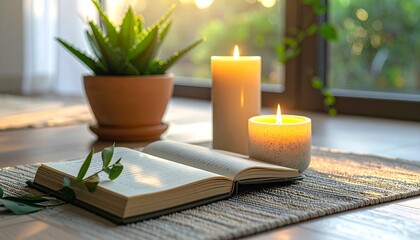 Open book sits next to lit candles and potted aloe vera plant on woven rug near window, creating a peaceful and relaxing atmosphere in a cozy home setting.