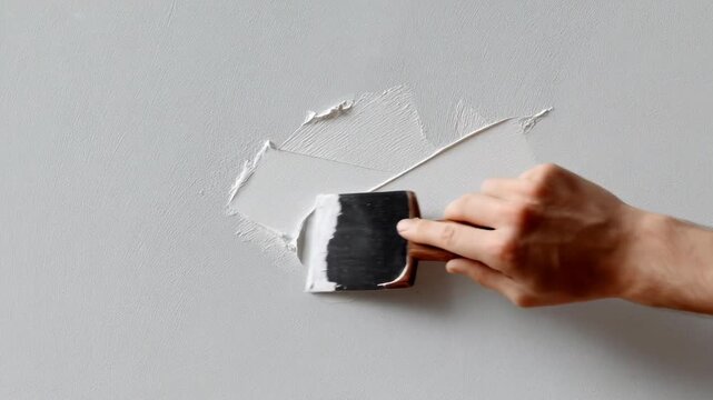 Hand applying white wall filler with putty knife to drywall hole repair putty smoothed by hand and metal knife for plaster texture blending and calm