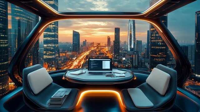 Modern futuristic office interior with panoramic view of skyscrapers at sunset, featuring advanced technology, innovation, digital workspace, luxurious urban lifestyle design in high-tech architecture