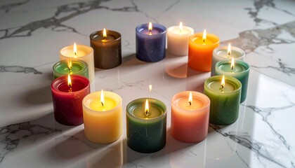 Colorful candles arranged in a circle on marble surface creating a warm and inviting ambiance for relaxation and meditation.