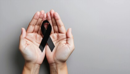 Obraz premium Woman palm holding black funeral ribbon on grey background. 