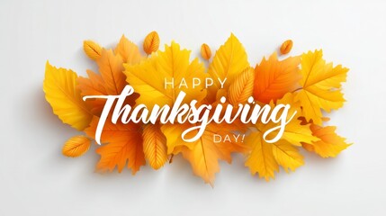 Colorful autumn leaves in vibrant shades of yellow and orange surround the joyful greeting for Thanksgiving Day, capturing the essence of gratitude and seasonal beauty