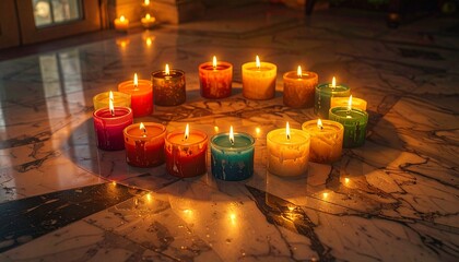 Candles glowing brightly in a circle on marble floor creating warm and inviting ambiance for relaxation and meditation.