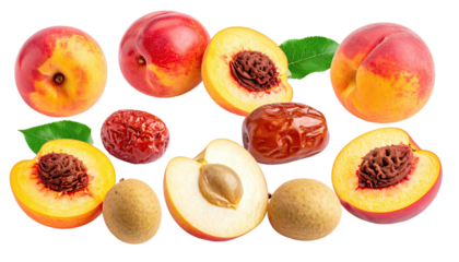 Assortment of peaches, jujubes, and longans on a dark background