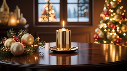 Golden candle with christmas tree and decoration in background