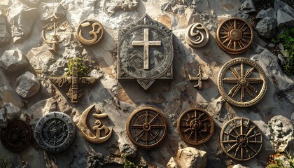 Ancient stone carvings depicting various religious and spiritual symbols adorn weathered wall, creating sense of history and mysticism in outdoor setting.